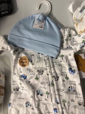 Baby essentials Blue & White Baby One-Piece Two-Piece Set - Cars Print (6M)